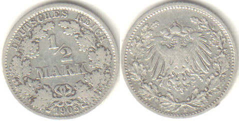 1905 F Germany silver 1/2 Mark A000687